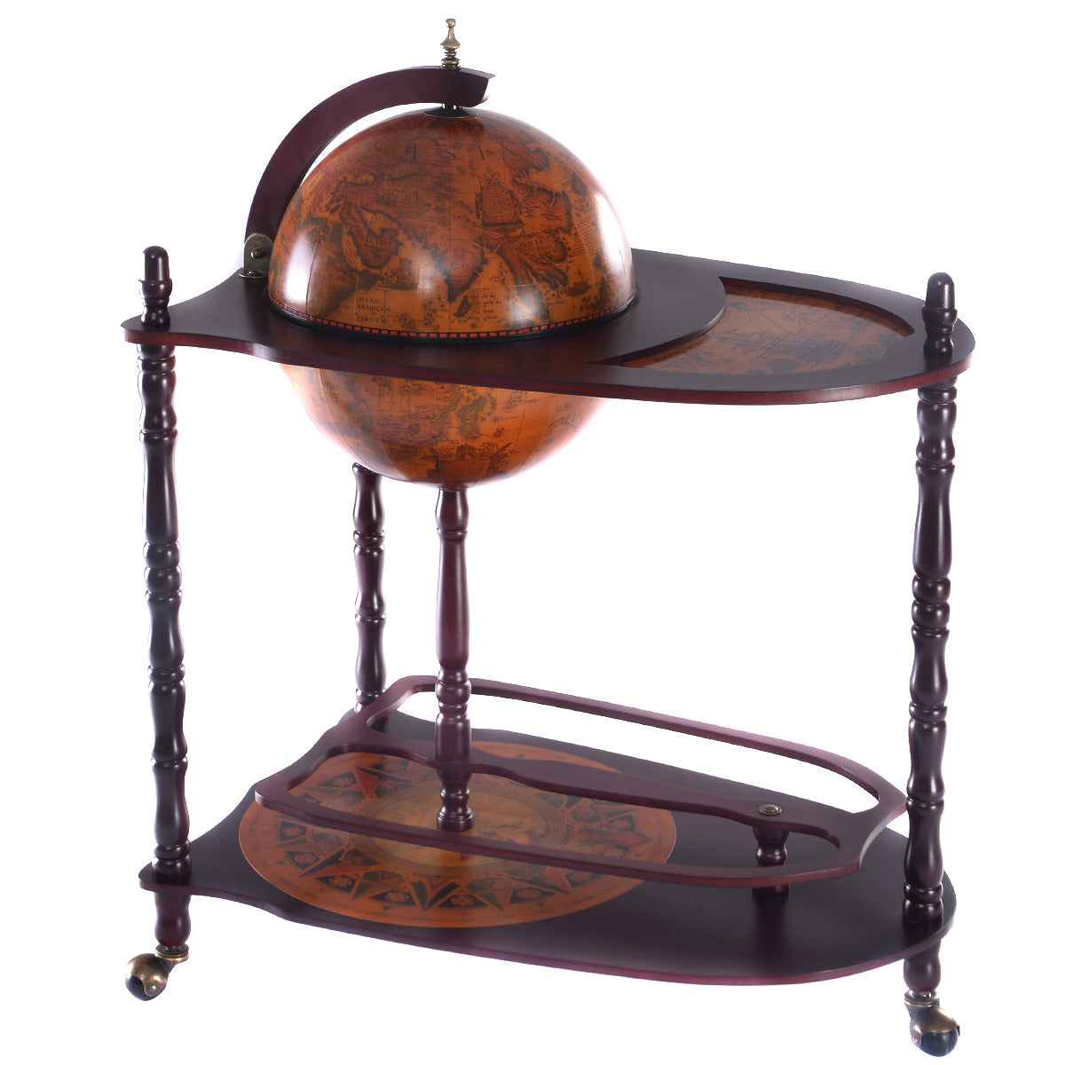 LIVSK Houten Wereldbol Wijnbarstandaard - Italiaans Design - 4 Kamers en 2 Legplanken - Met Wielen - 70 x 45 x 88 cm - Bruin