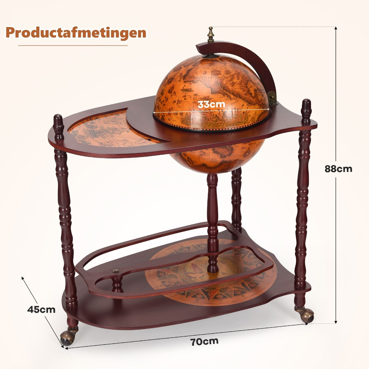 LIVSK Houten Wereldbol Wijnbarstandaard - Italiaans Design - 4 Kamers en 2 Legplanken - Met Wielen - 70 x 45 x 88 cm - Bruin