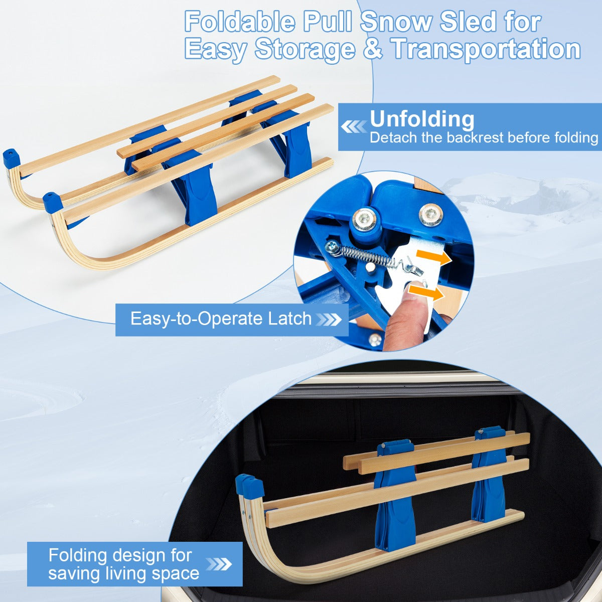 Livsk costway familie winterpret slee set opvouwbare slee met dubbele rugleuning en opblaasbare sneeuwboei 107cm met sleepband blauw 6
