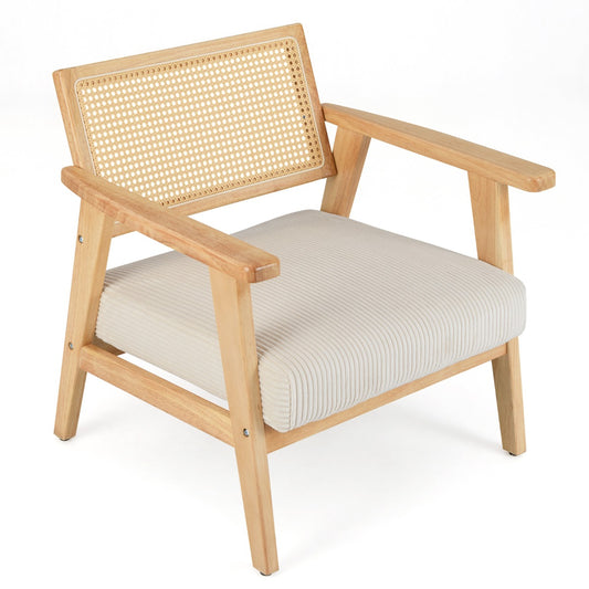 LIVSK Accentstoel Corduroy - Stevig Rubberboomhout - 12 cm Dikke Zitting - PE-Rotan Rugleuning - Tijdloos Design - Naturel