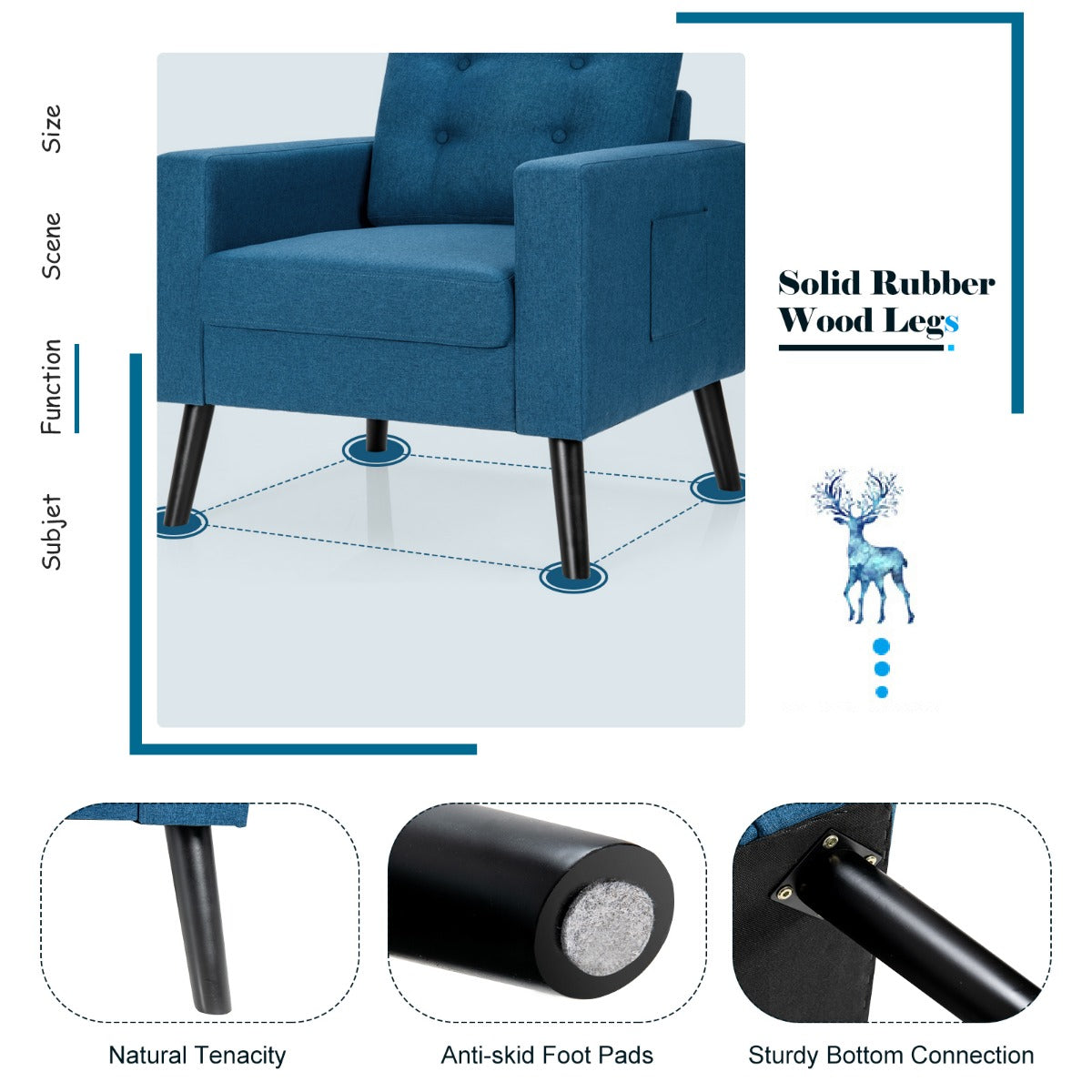 LIVSK Accentstoel van Linnen - Ergonomisch met Brede Armleuningen - Stabiel Massief Houten Frame - Zijvakken - Blauw