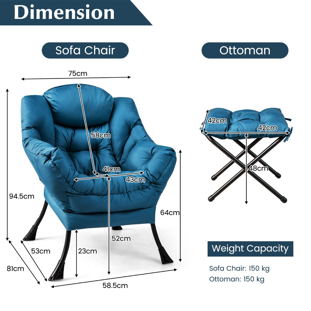 LIVSK Relaxstoel met Kruk - Ergonomisch Ontwerp - Hoogwaardige Polyester - Stevige Metalen Buizen - Tot 150 kg - Blauw