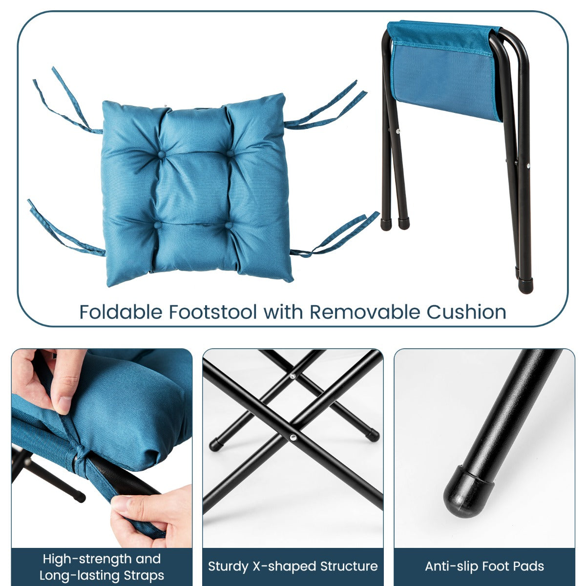 LIVSK Relaxstoel met Kruk - Ergonomisch Ontwerp - Hoogwaardige Polyester - Stevige Metalen Buizen - Tot 150 kg - Blauw
