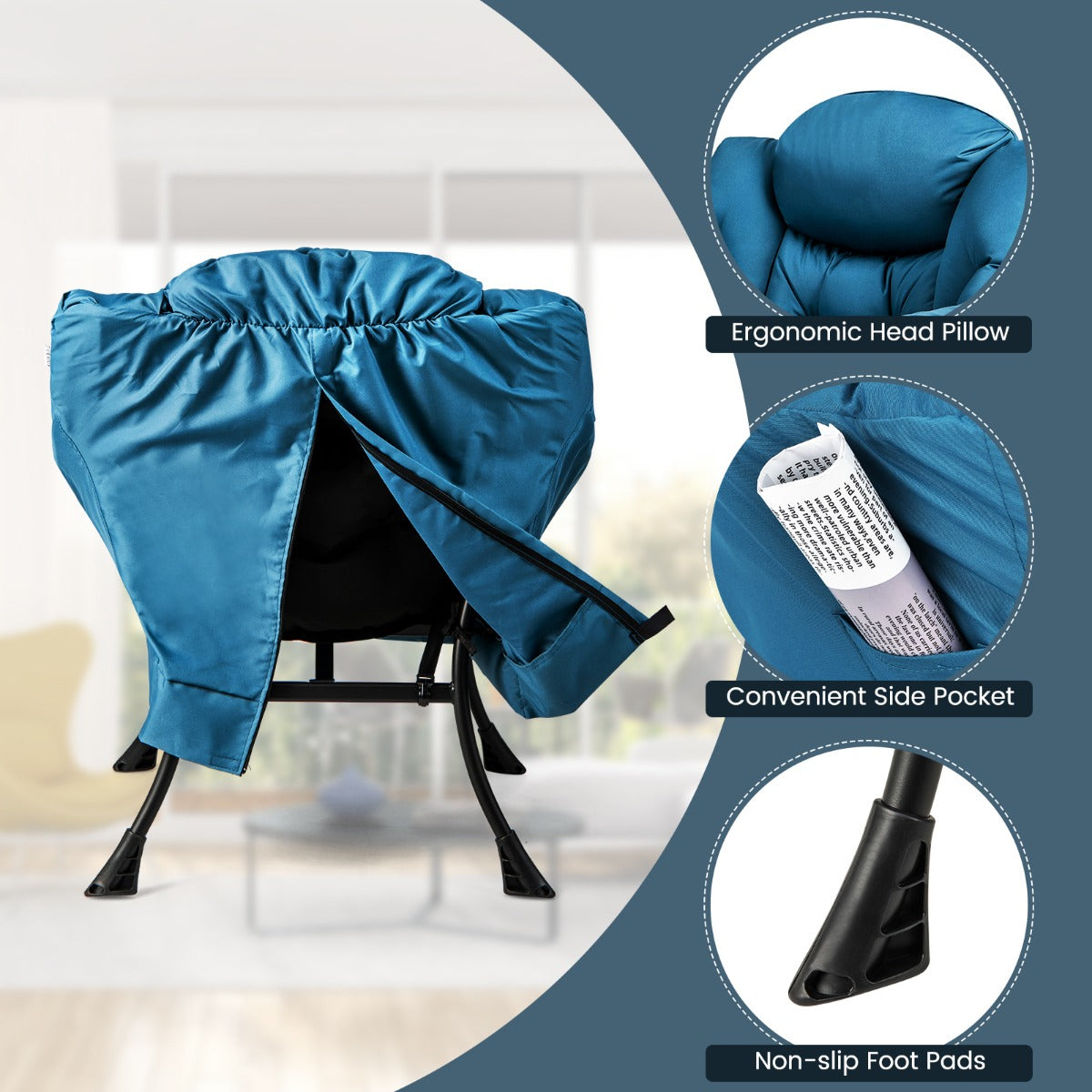 LIVSK Relaxstoel met Kruk - Ergonomisch Ontwerp - Hoogwaardige Polyester - Stevige Metalen Buizen - Tot 150 kg - Blauw
