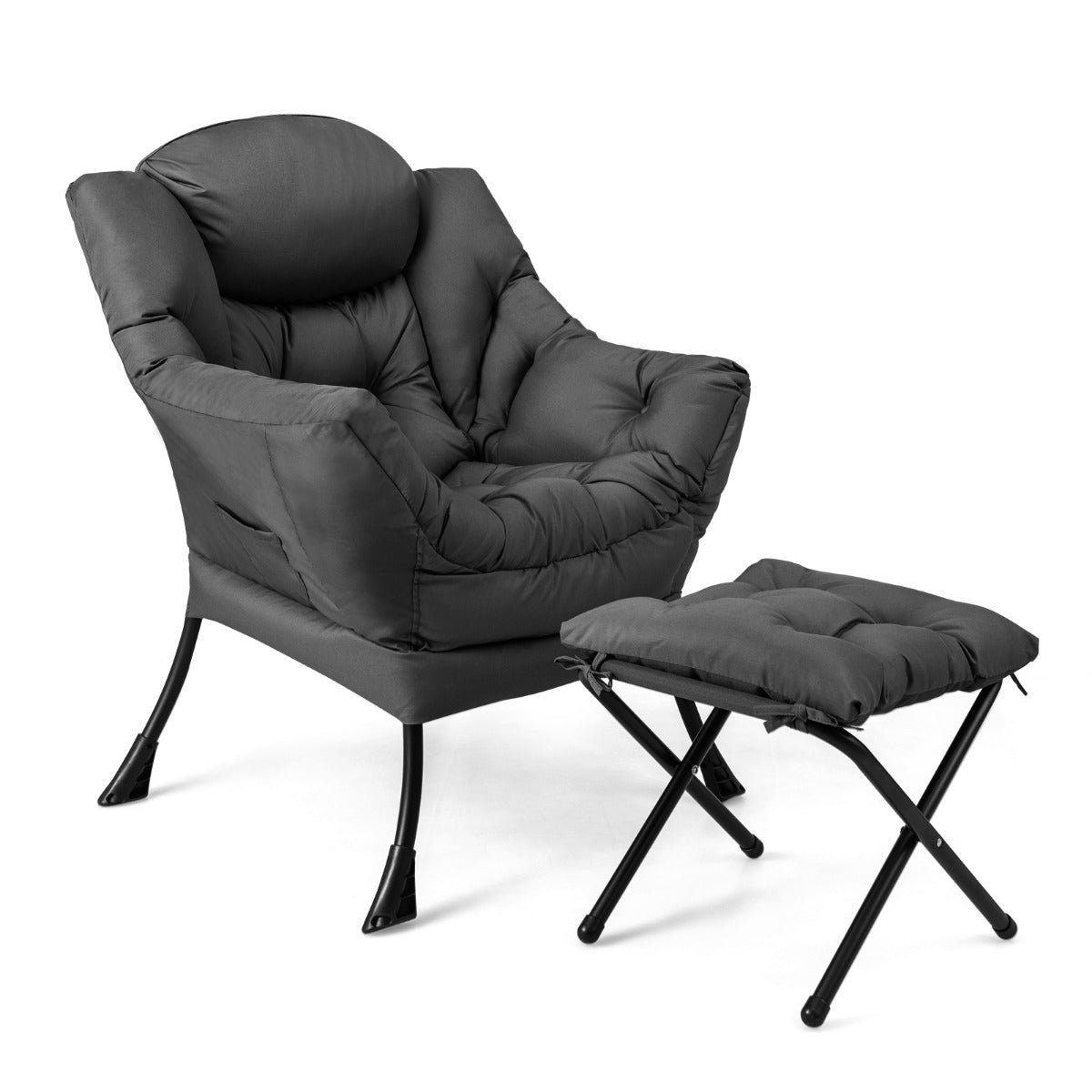 LIVSK Loungestoel met Kruk - Ergonomisch Design - Hoogwaardige Polyester - Stabiel Metaal - Tot 150 kg - Grijs