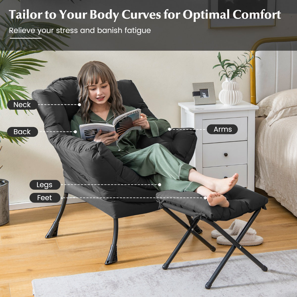 LIVSK Loungestoel met Kruk - Ergonomisch Design - Hoogwaardige Polyester - Stabiel Metaal - Tot 150 kg - Grijs