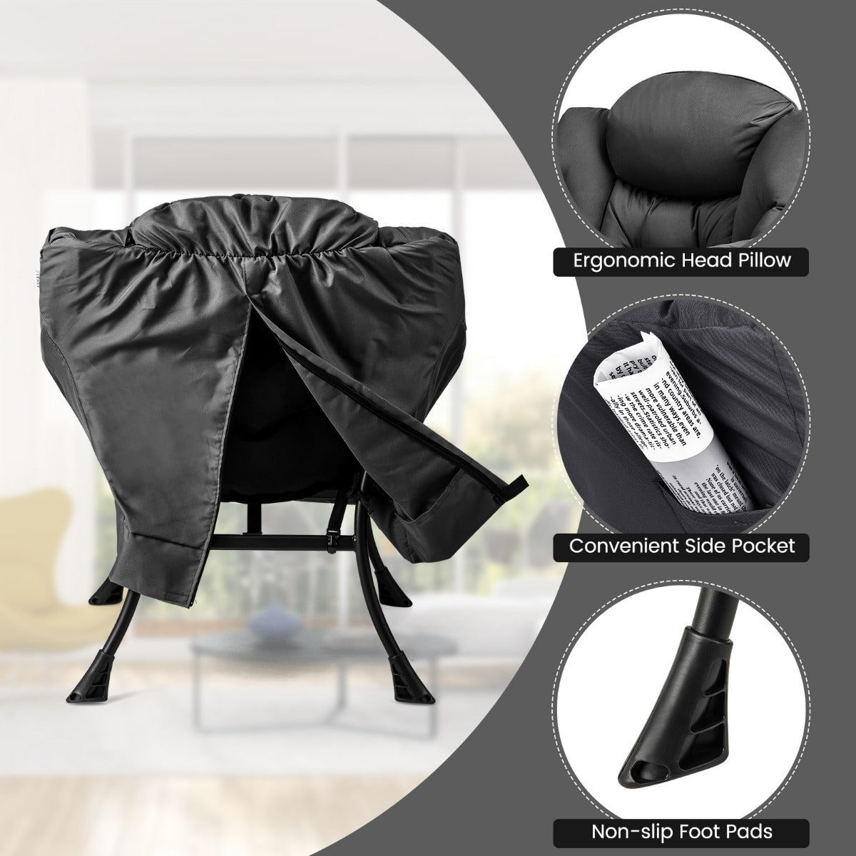 LIVSK Loungestoel met Kruk - Ergonomisch Design - Hoogwaardige Polyester - Stabiel Metaal - Tot 150 kg - Grijs