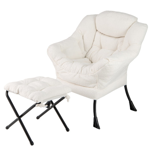 LIVSK Bijzetstoel met Voetensteun - Stevig Metalen Onderstel - Sherpa Bekleding - Tot 150 kg - Ergonomisch Design - Beige
