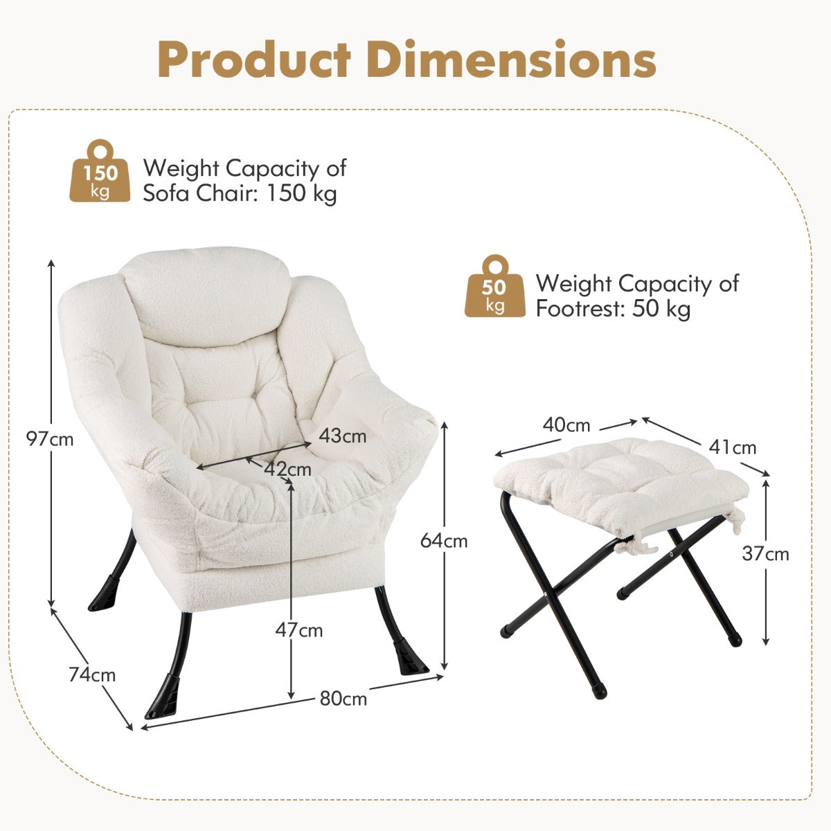 LIVSK Bijzetstoel met Voetensteun - Stevig Metalen Onderstel - Sherpa Bekleding - Tot 150 kg - Ergonomisch Design - Beige