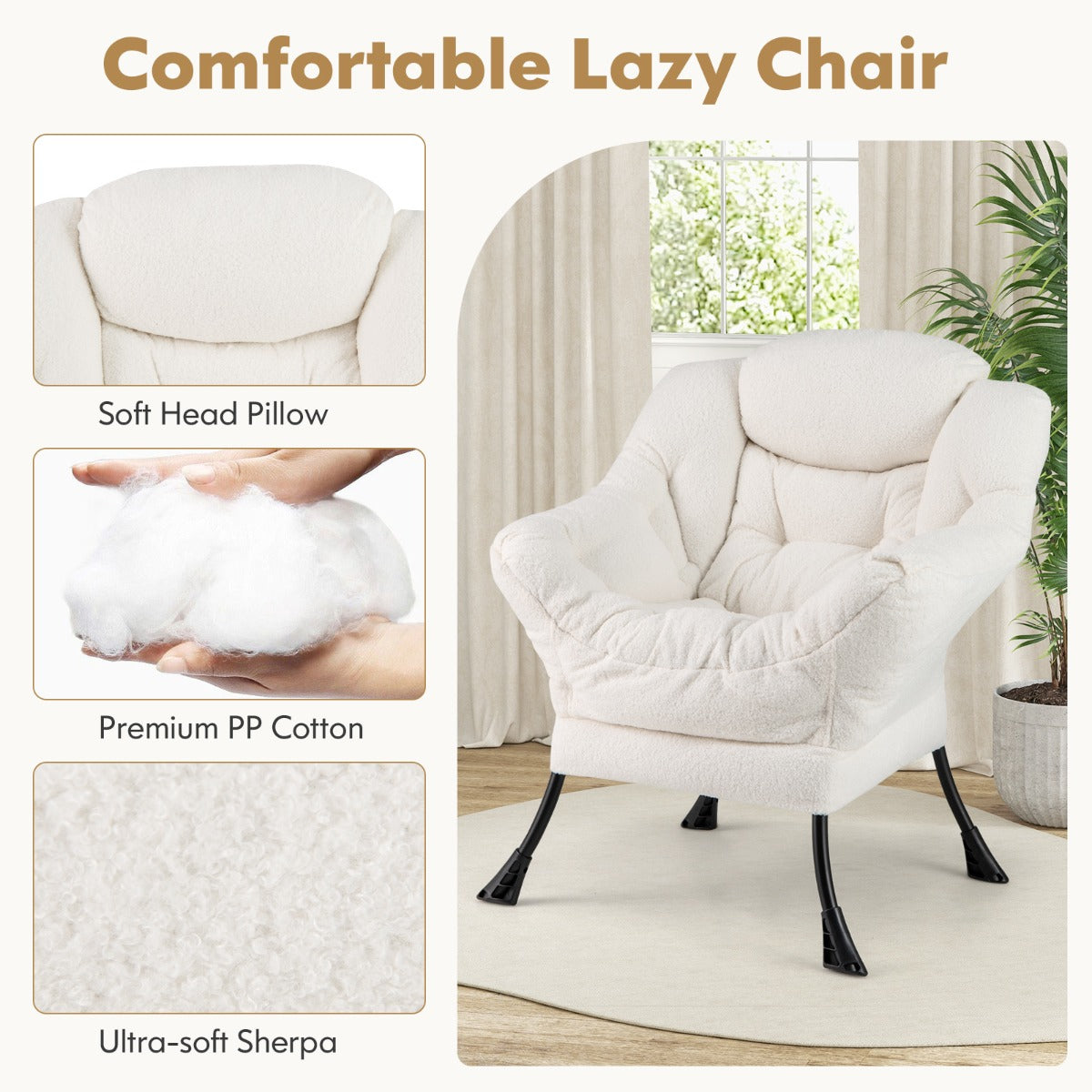 LIVSK Bijzetstoel met Voetensteun - Stevig Metalen Onderstel - Sherpa Bekleding - Tot 150 kg - Ergonomisch Design - Beige