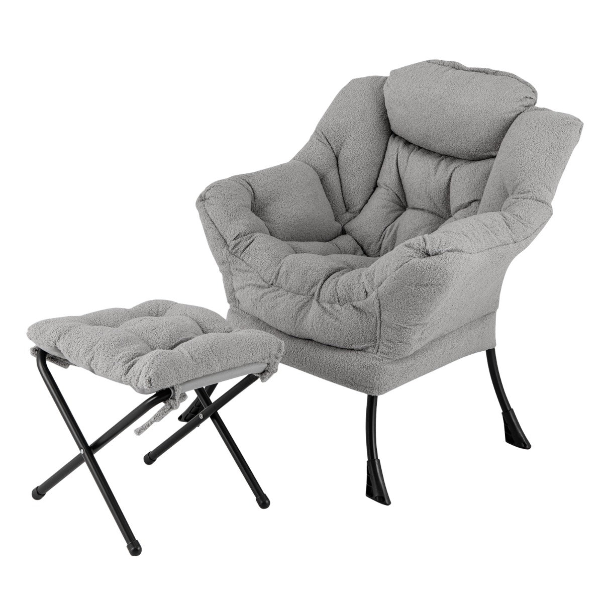 LIVSK Bijzetstoel met Voetensteun - Sterk Metalen Onderstel - Zachte Sherpa Hoes - Ergonomisch - 80 x 74 x 97 cm - Grijs
