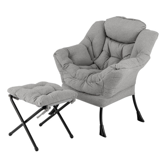 LIVSK Bijzetstoel met Voetensteun - Sterk Metalen Onderstel - Zachte Sherpa Hoes - Ergonomisch - 80 x 74 x 97 cm - Grijs