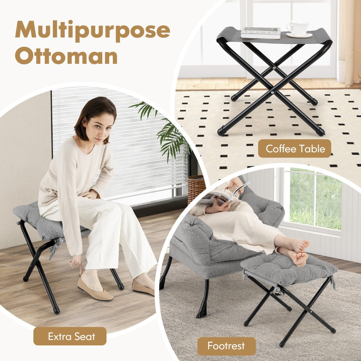 LIVSK Bijzetstoel met Voetensteun - Sterk Metalen Onderstel - Zachte Sherpa Hoes - Ergonomisch - 80 x 74 x 97 cm - Grijs