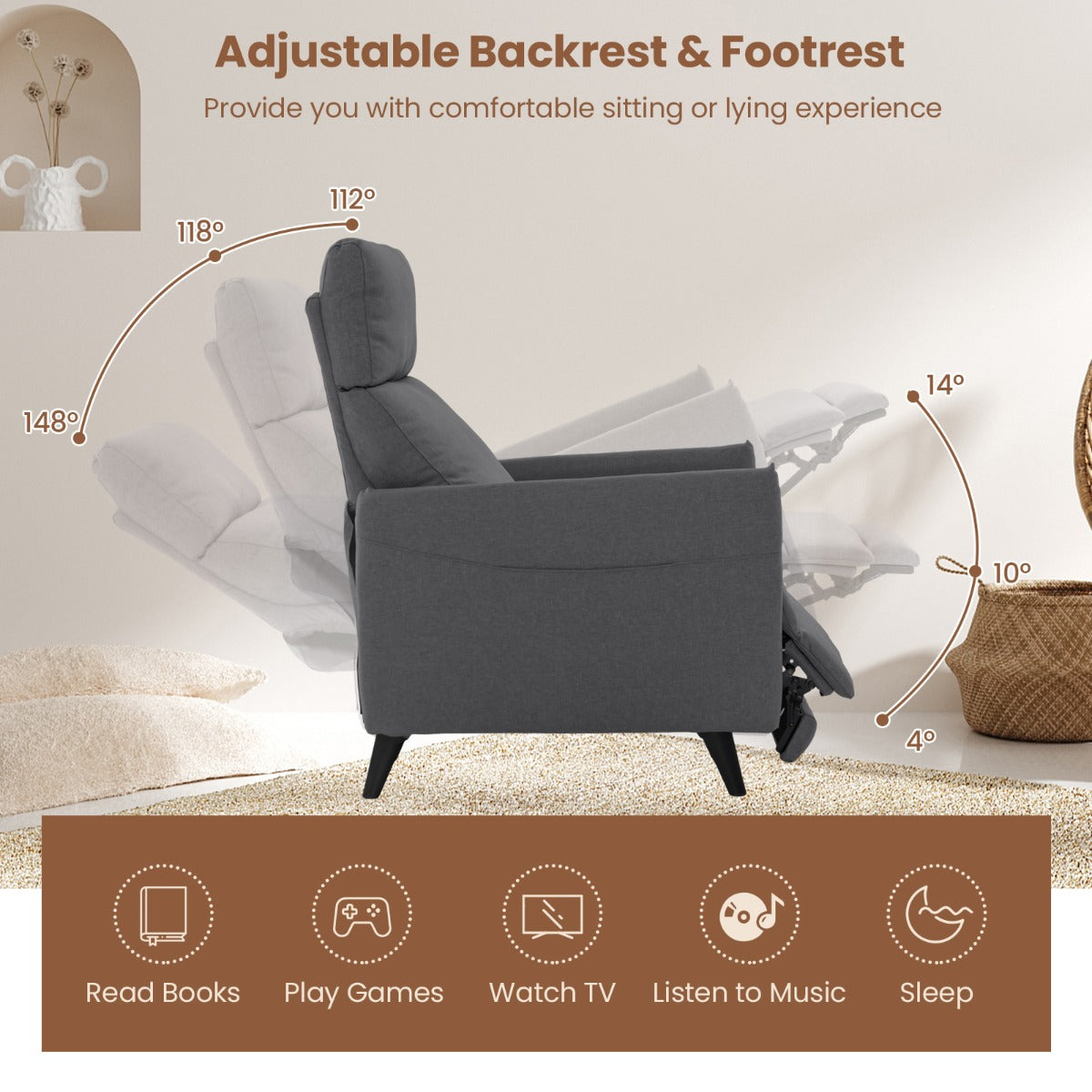LIVSK Fauteuil met Ligfunctie - Verstelbare Rugleuning en Voetsteun - Huidvriendelijk Linnen - Stevig Frame - 80 x 68 x 104,5 cm