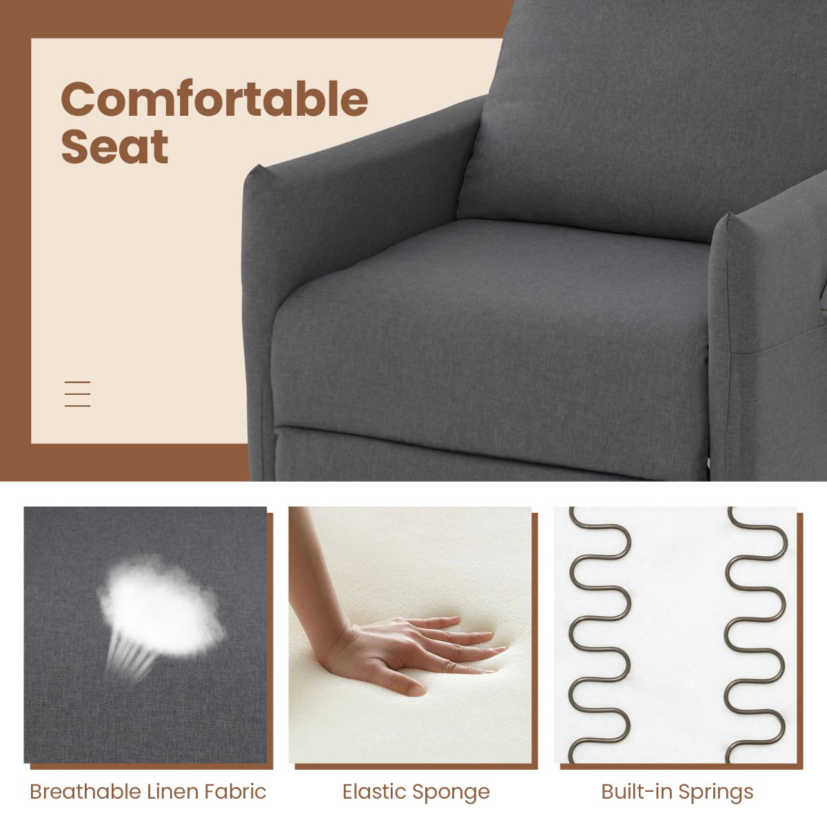 LIVSK Fauteuil met Ligfunctie - Verstelbare Rugleuning en Voetsteun - Huidvriendelijk Linnen - Stevig Frame - 80 x 68 x 104,5 cm