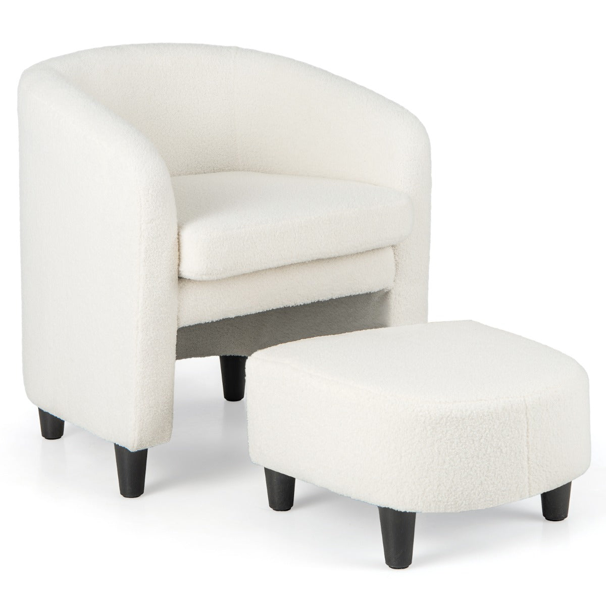 LIVSK Tonvormige Stoel en Poef Set - Ergonomische Rugleuning - Gewatteerd Zitkussen - Massief Houten Frame - Beige