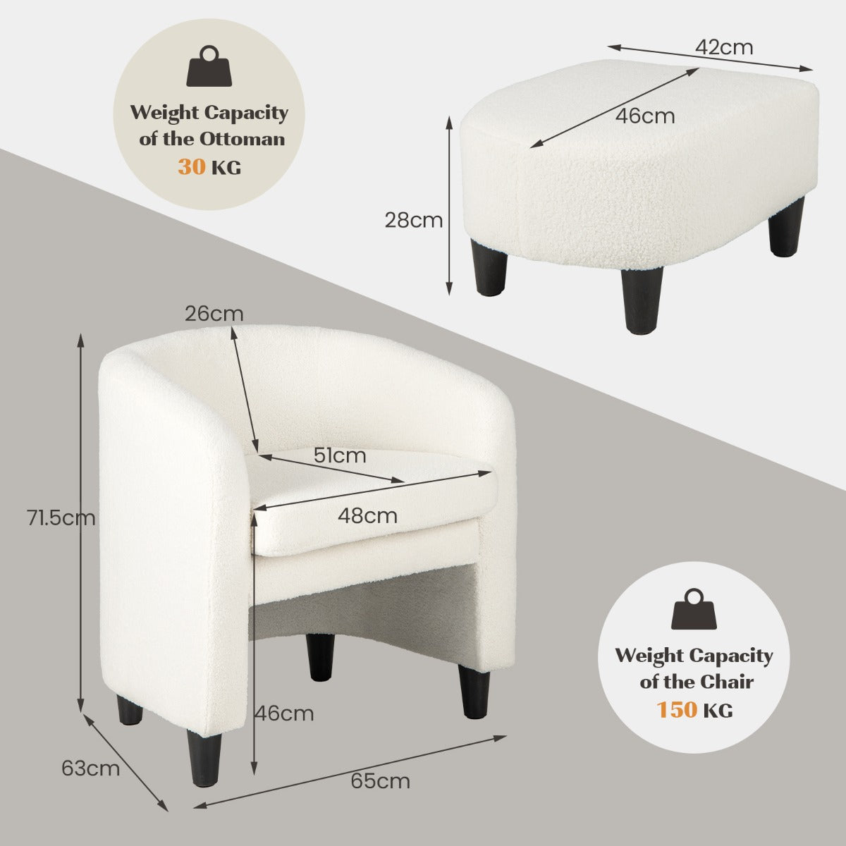 LIVSK Tonvormige Stoel en Poef Set - Ergonomische Rugleuning - Gewatteerd Zitkussen - Massief Houten Frame - Beige