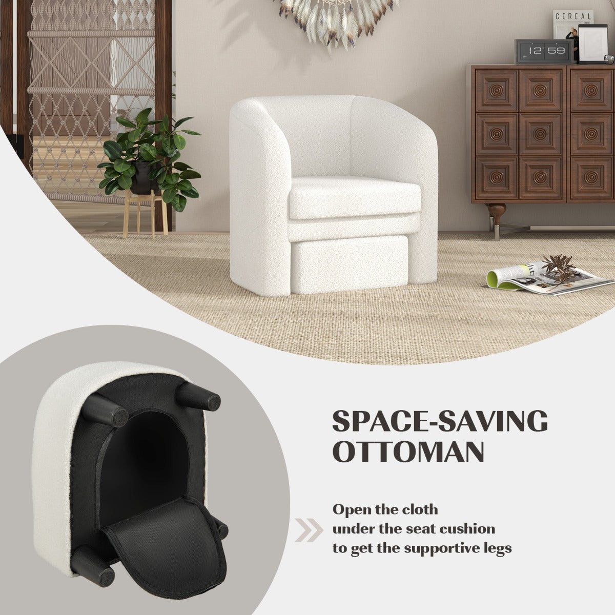 LIVSK Tonvormige Stoel en Poef Set - Ergonomische Rugleuning - Gewatteerd Zitkussen - Massief Houten Frame - Beige