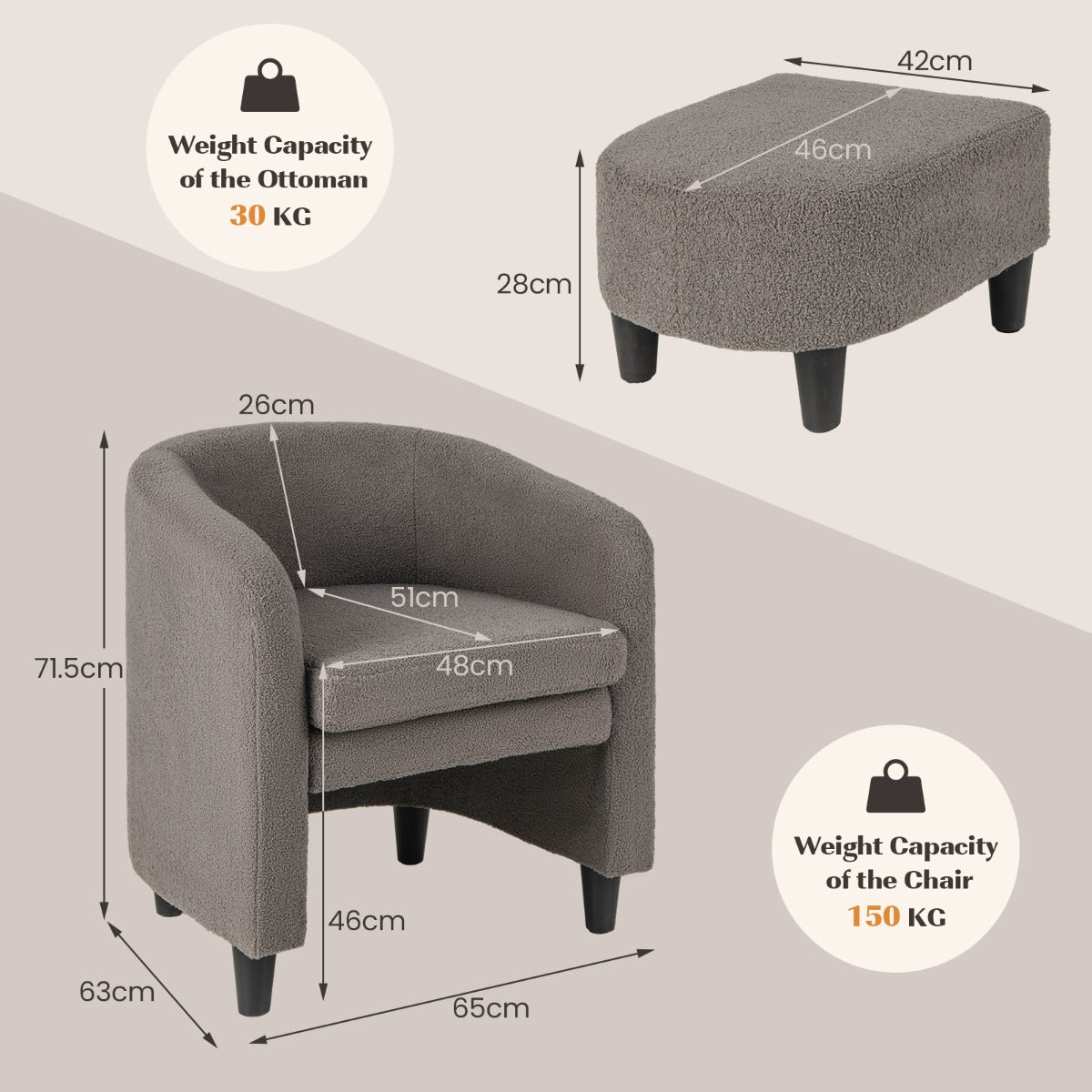 LIVSK Tonvormige Stoel en Poef Set - Ergonomisch Ontwerp - Verwijderbaar Kussen - Massief Houten Frame - Tot 150 kg - Grijs