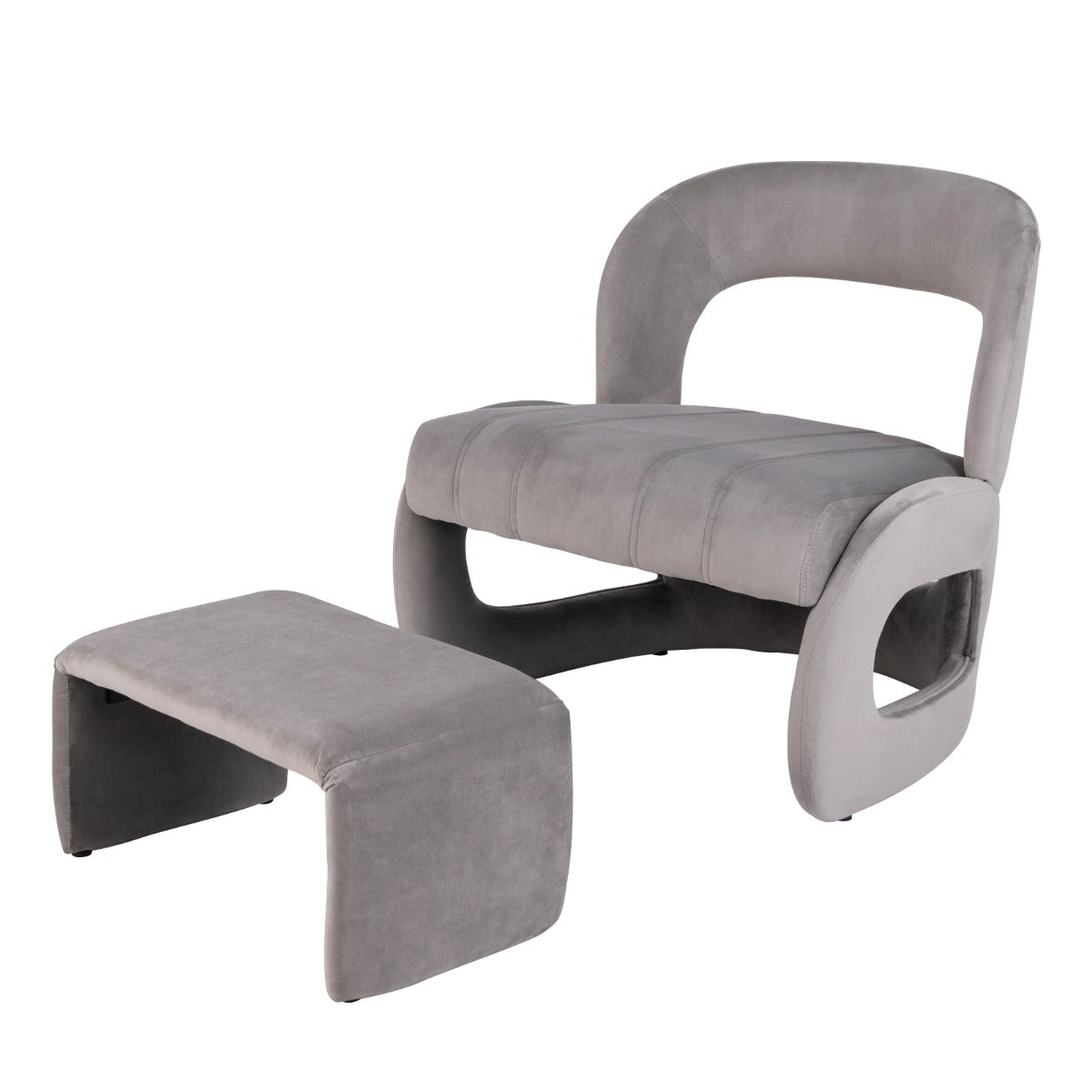LIVSK Fauteuil- en Voetenbankset - Ergonomische Rugleuning - Zachte Velours - Duurzaam - Tot 180 kg - Grijs