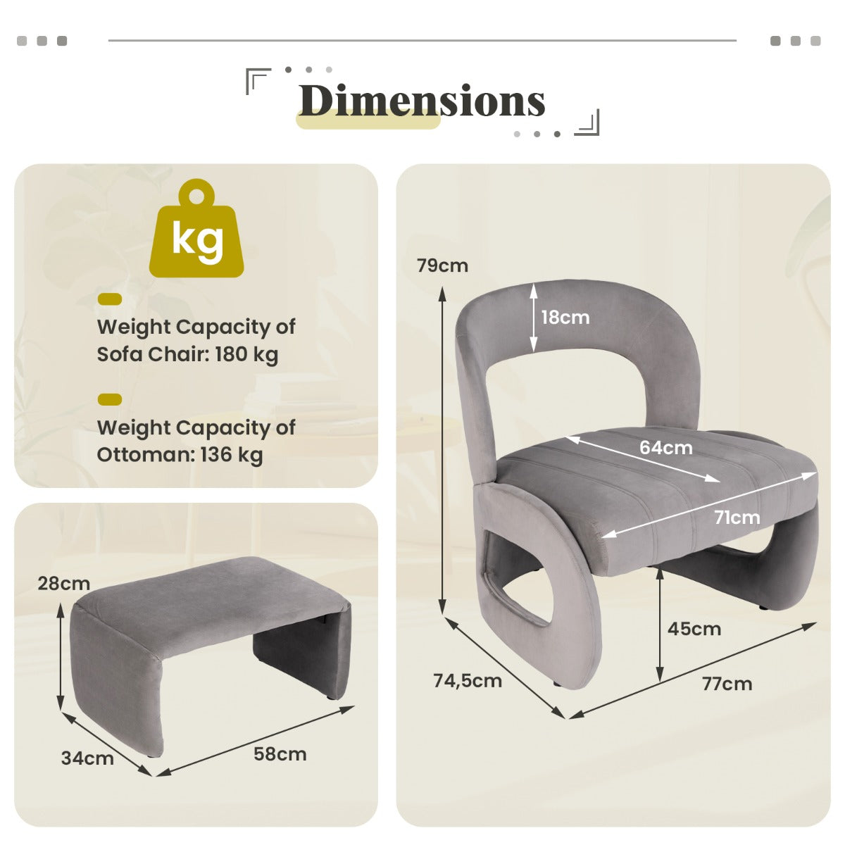 LIVSK Fauteuil- en Voetenbankset - Ergonomische Rugleuning - Zachte Velours - Duurzaam - Tot 180 kg - Grijs