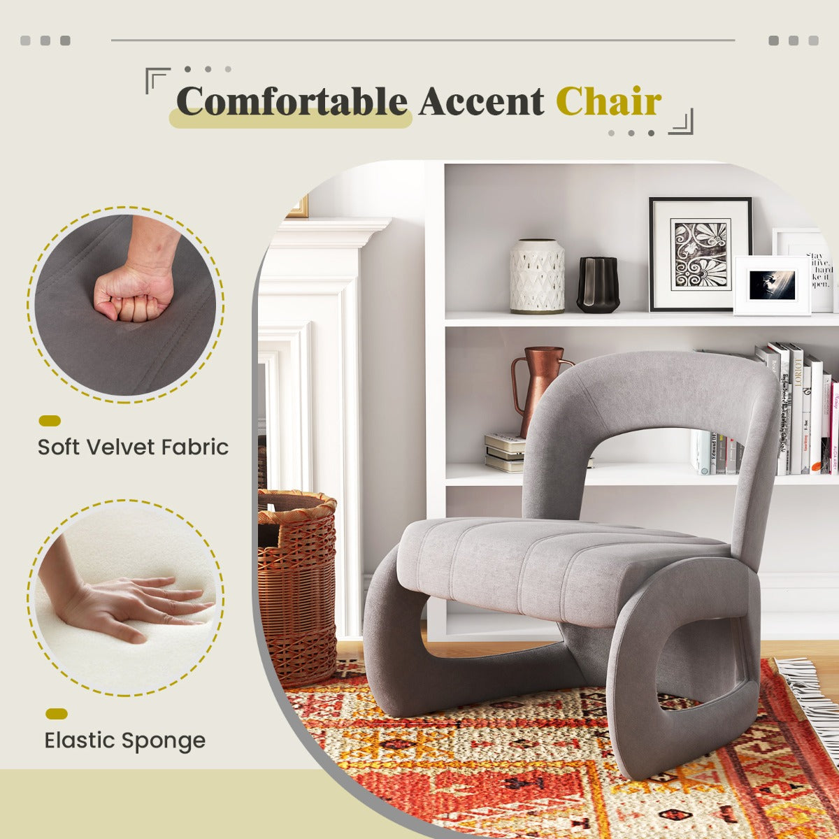 LIVSK Fauteuil- en Voetenbankset - Ergonomische Rugleuning - Zachte Velours - Duurzaam - Tot 180 kg - Grijs