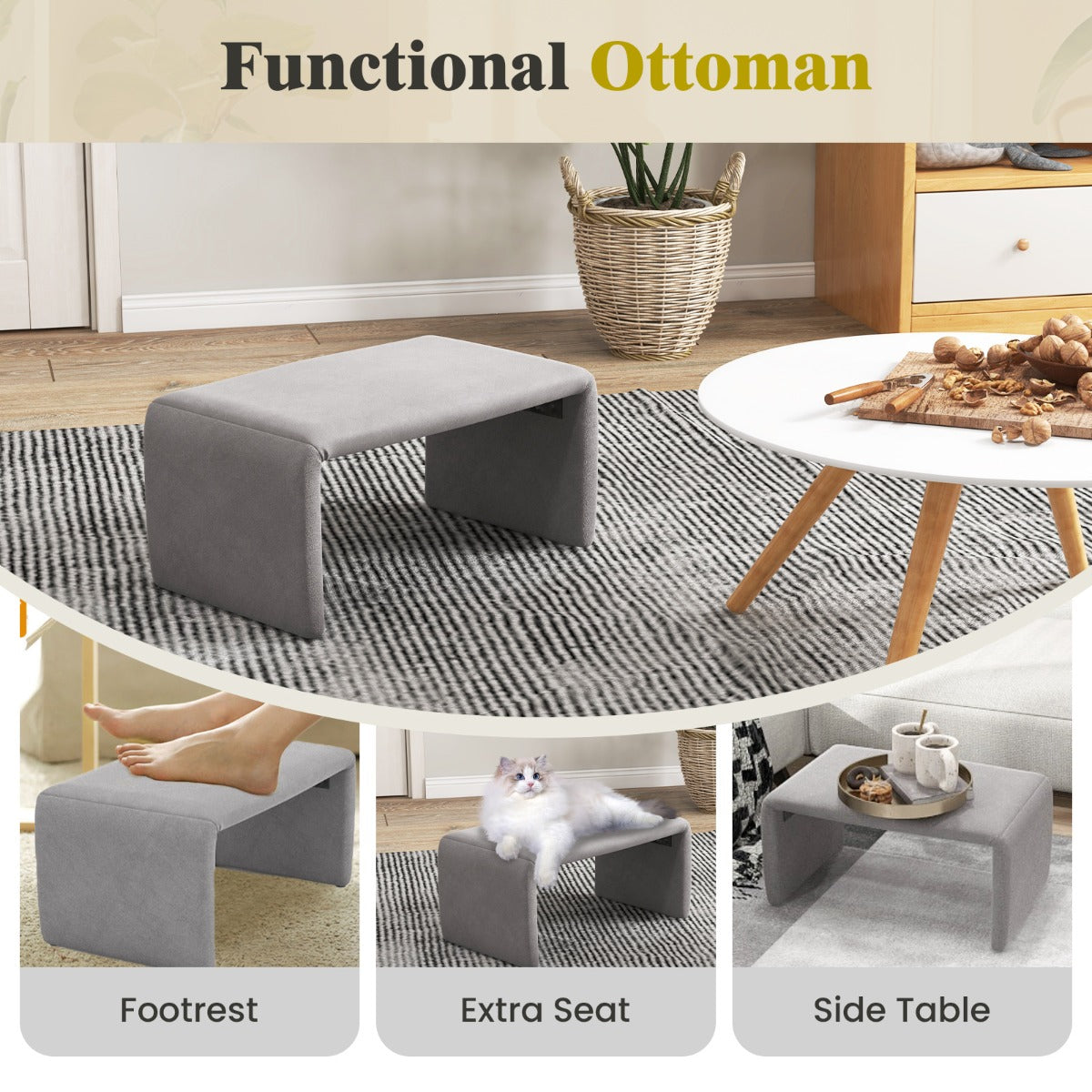 LIVSK Fauteuil- en Voetenbankset - Ergonomische Rugleuning - Zachte Velours - Duurzaam - Tot 180 kg - Grijs