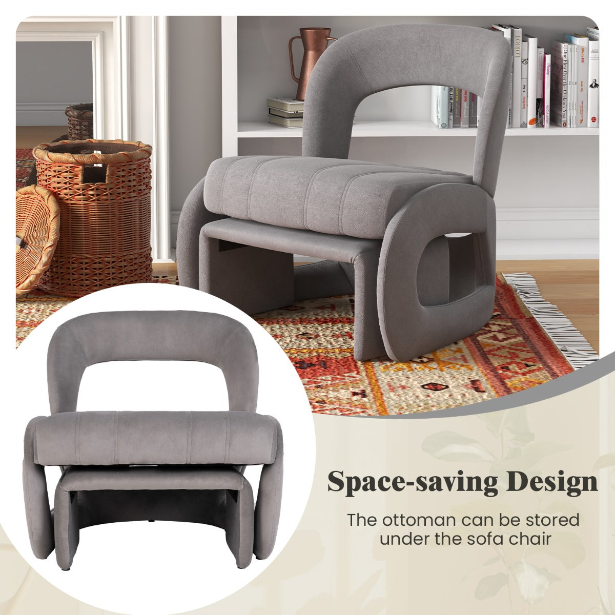 LIVSK Fauteuil- en Voetenbankset - Ergonomische Rugleuning - Zachte Velours - Duurzaam - Tot 180 kg - Grijs