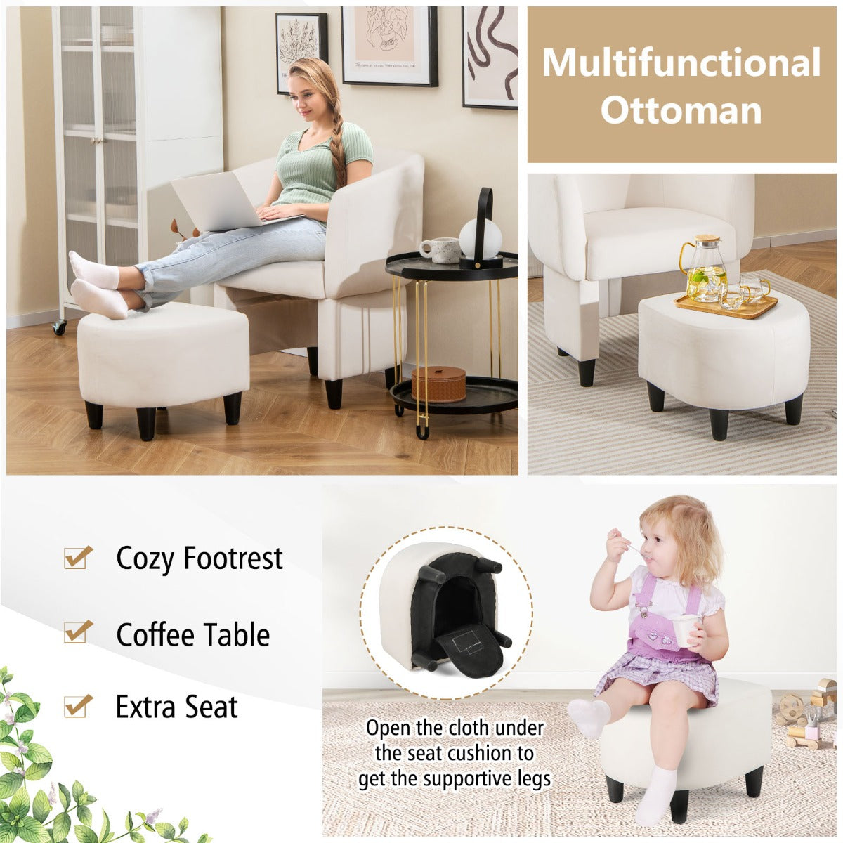LIVSK Accentstoel en Voetenbankset - Ergonomisch Design - Fluweel Bekleed - Massief Houten Frame - Tot 150 kg - Beige