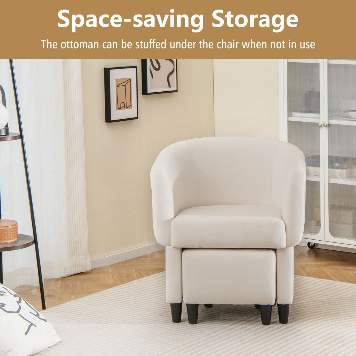 LIVSK Accentstoel en Voetenbankset - Ergonomisch Design - Fluweel Bekleed - Massief Houten Frame - Tot 150 kg - Beige