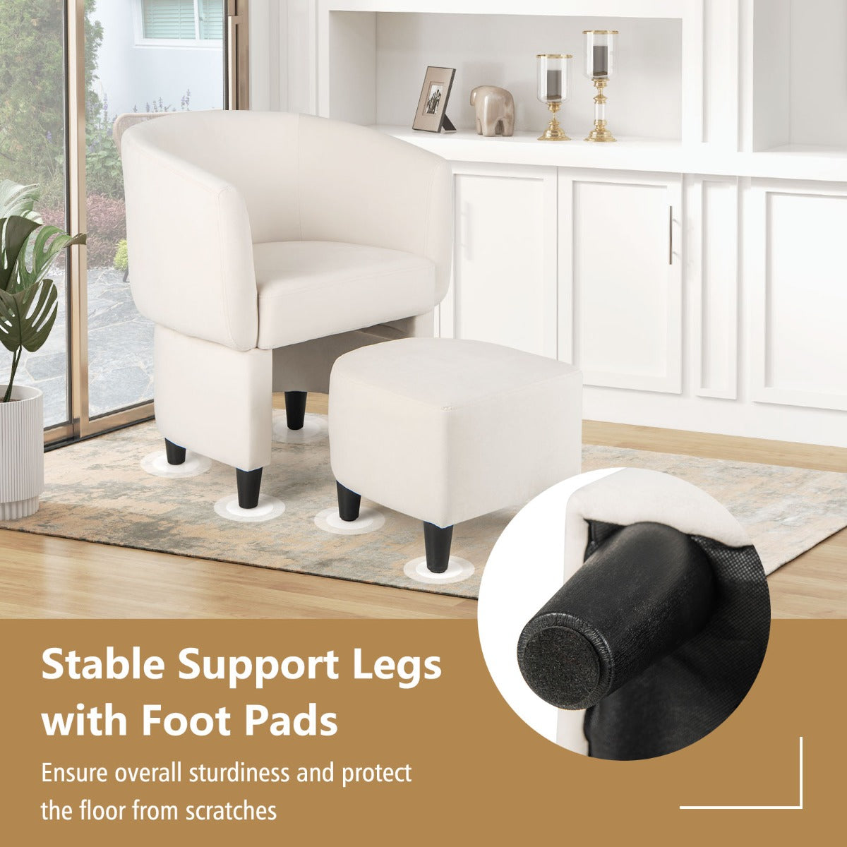 LIVSK Accentstoel en Voetenbankset - Ergonomisch Design - Fluweel Bekleed - Massief Houten Frame - Tot 150 kg - Beige