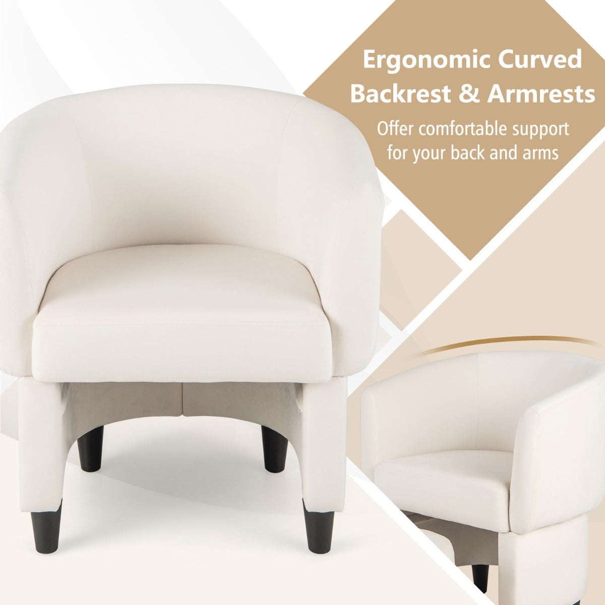LIVSK Accentstoel en Voetenbankset - Ergonomisch Design - Fluweel Bekleed - Massief Houten Frame - Tot 150 kg - Beige