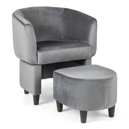 LIVSK Accentstoel en Voetenbankset - Ergonomisch Ontwerp - Fluwelen Bekleding - Massief Houten Frame - Tot 150 kg - Grijs