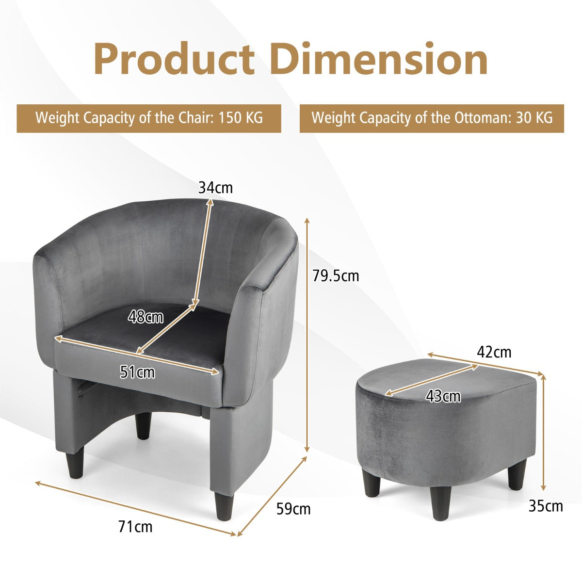 LIVSK Accentstoel en Voetenbankset - Ergonomisch Ontwerp - Fluwelen Bekleding - Massief Houten Frame - Tot 150 kg - Grijs