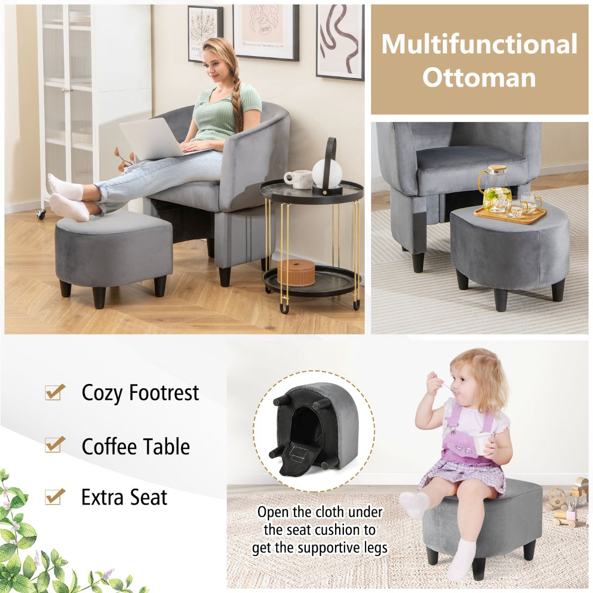 LIVSK Accentstoel en Voetenbankset - Ergonomisch Ontwerp - Fluwelen Bekleding - Massief Houten Frame - Tot 150 kg - Grijs