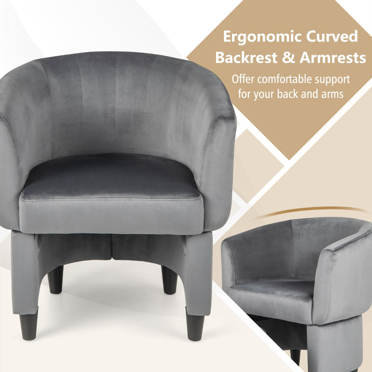 LIVSK Accentstoel en Voetenbankset - Ergonomisch Ontwerp - Fluwelen Bekleding - Massief Houten Frame - Tot 150 kg - Grijs