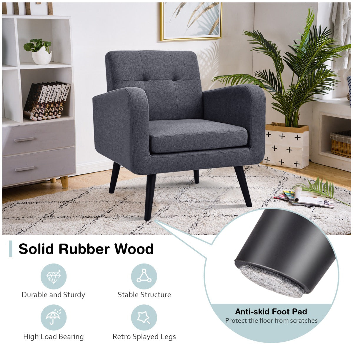 LIVSK Bijzetstoel - Rubberhouten Poten - Ergonomische Rugleuning en Armleuningen - Comfortabel en Ademend - Tot 120 kg - Grijs