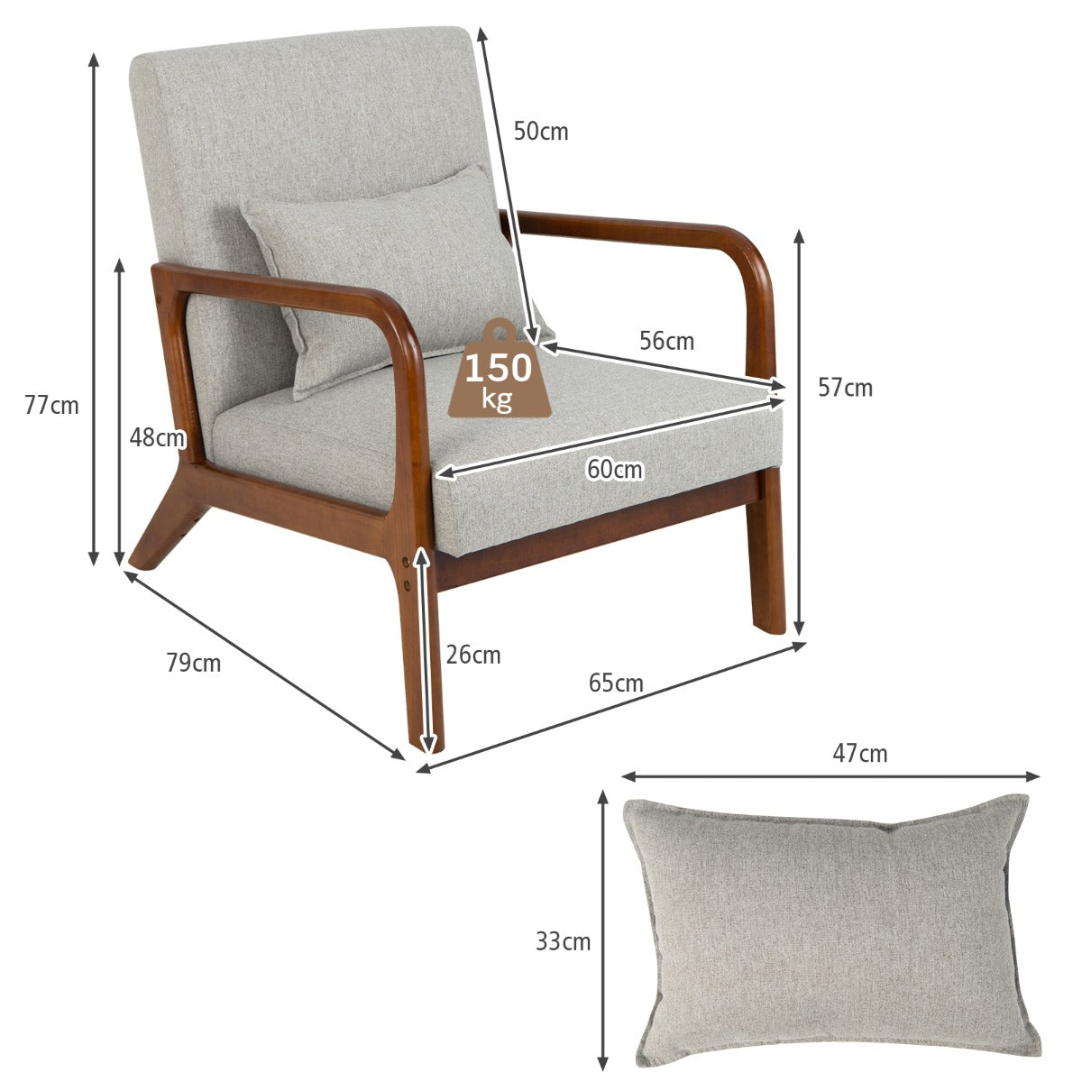 LIVSK Loungestoel met Armleuningen - Ergonomisch Ontwerp - Zacht Schuimkussen - Duurzaam Kunstlinnen - Tot 150 kg - Grijs