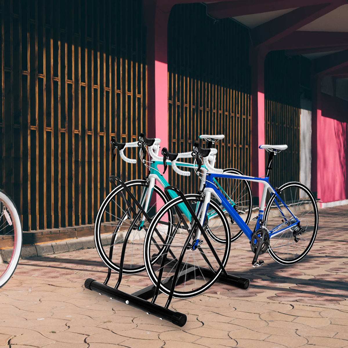 Livsk costway fietsenrek vloerstandaard fietsenrek voor 2 fietsen meervoudige standaard display standaard fietshouder zwart 60 x 53 x 56 cm 4