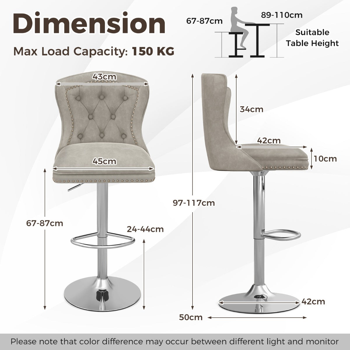 LIVSK Verstelbare Barkrukken Set - Ergonomisch en Draaibaar - Zithoogte 67-87 cm - Duurzaam Metalen Onderstel - Grijs