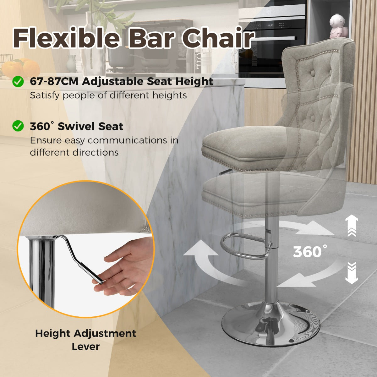 LIVSK Verstelbare Barkrukken Set - Ergonomisch en Draaibaar - Zithoogte 67-87 cm - Duurzaam Metalen Onderstel - Grijs