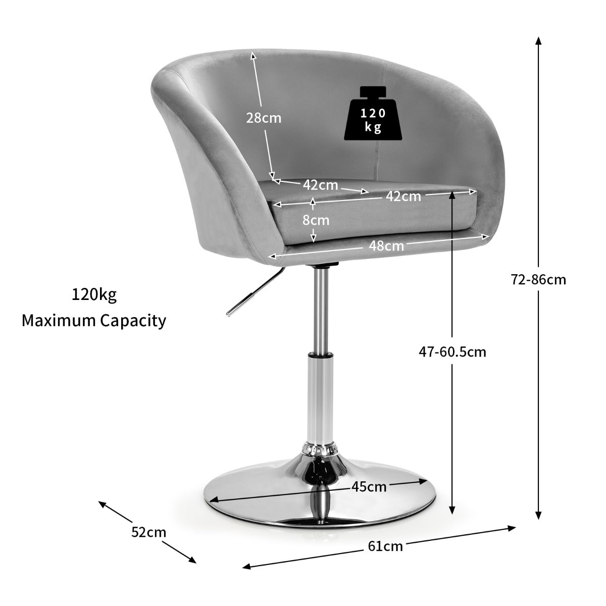 LIVSK Verstelbare Fluwelen Barkruk - Hoogte 72-86 cm - 360 Graden Draaibaar - Ergonomisch - Stabiel Metalen Frame - Grijs