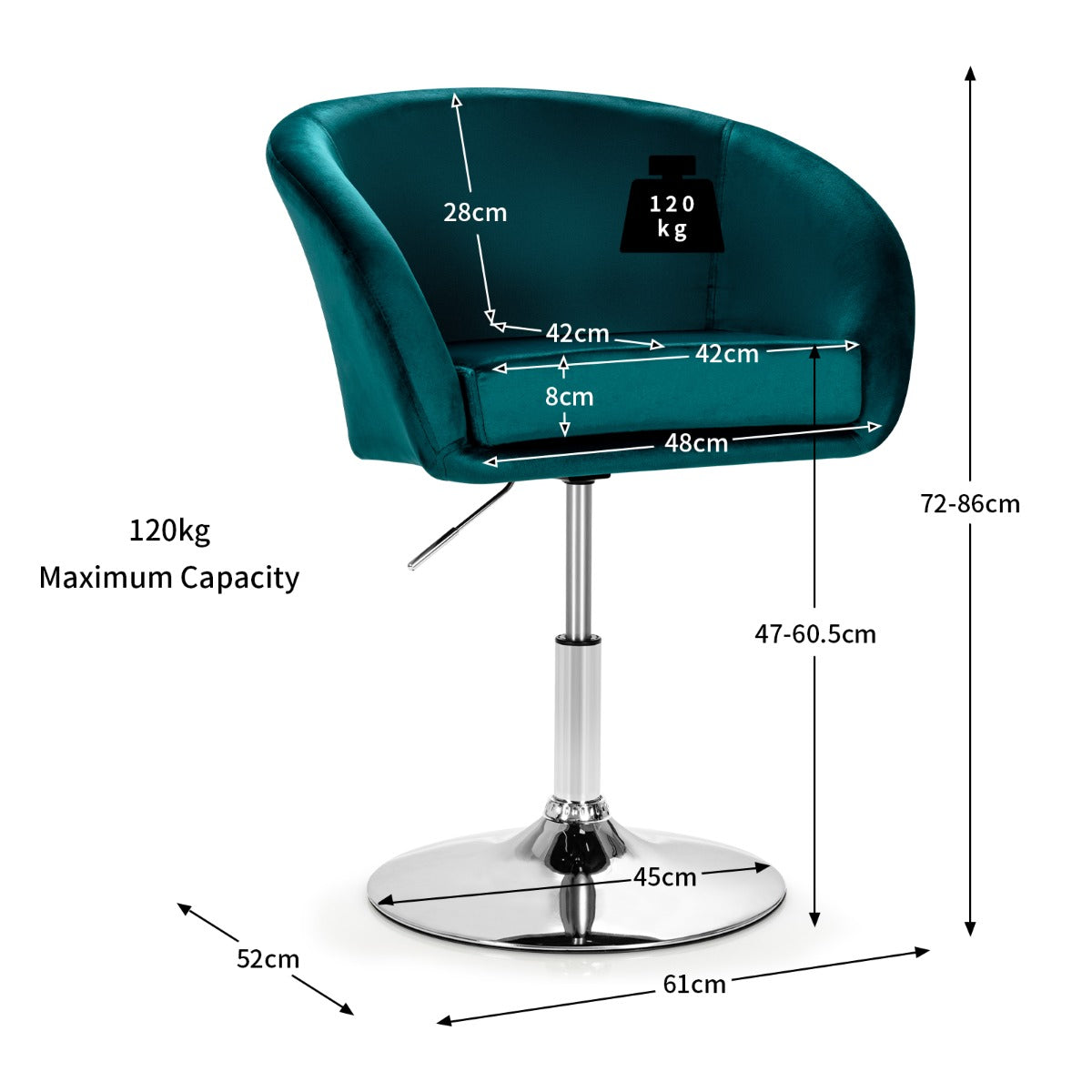 LIVSK Verstelbare Fluwelen Barkruk - Hoogte 72-86 cm - 360 Graden Draaibaar - Ergonomisch Design - Tot 120 kg - Groen