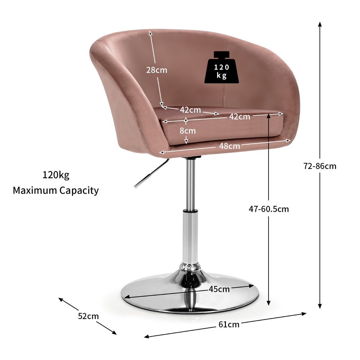 LIVSK Verstelbare Fluwelen Barkruk - Hoogte 72-86 cm - 360 Graden Draaibaar - Ergonomisch Design - Tot 120 kg - Roze
