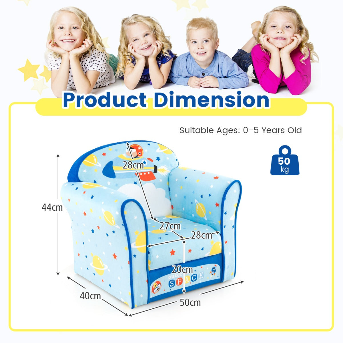 LIVSK Kinderstoel - Fluwelen Zacht Ruimtetema - Ergonomische Rugleuning - Belastbaar tot 50 kg - Lichtgewicht - Blauw