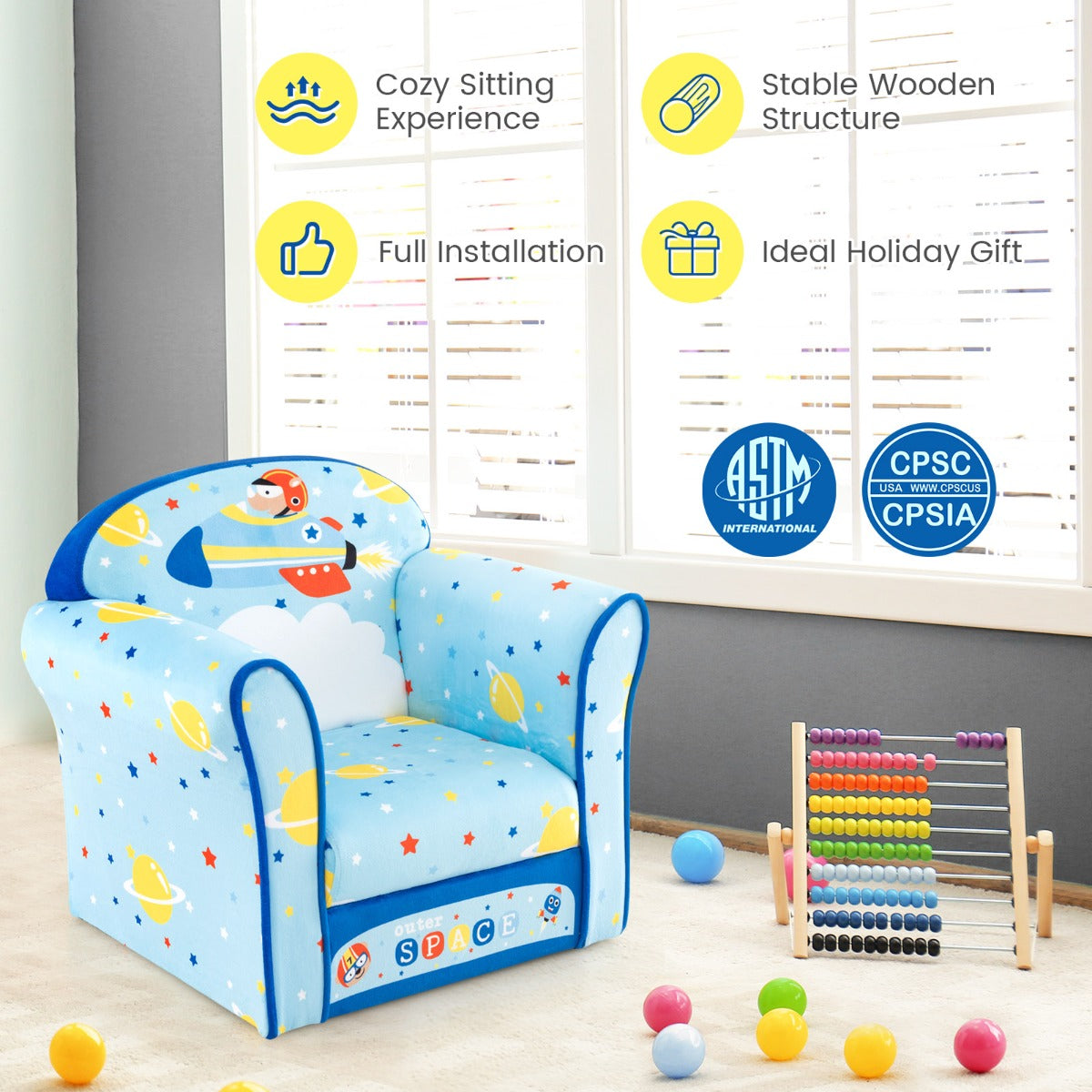 LIVSK Kinderstoel - Fluwelen Zacht Ruimtetema - Ergonomische Rugleuning - Belastbaar tot 50 kg - Lichtgewicht - Blauw