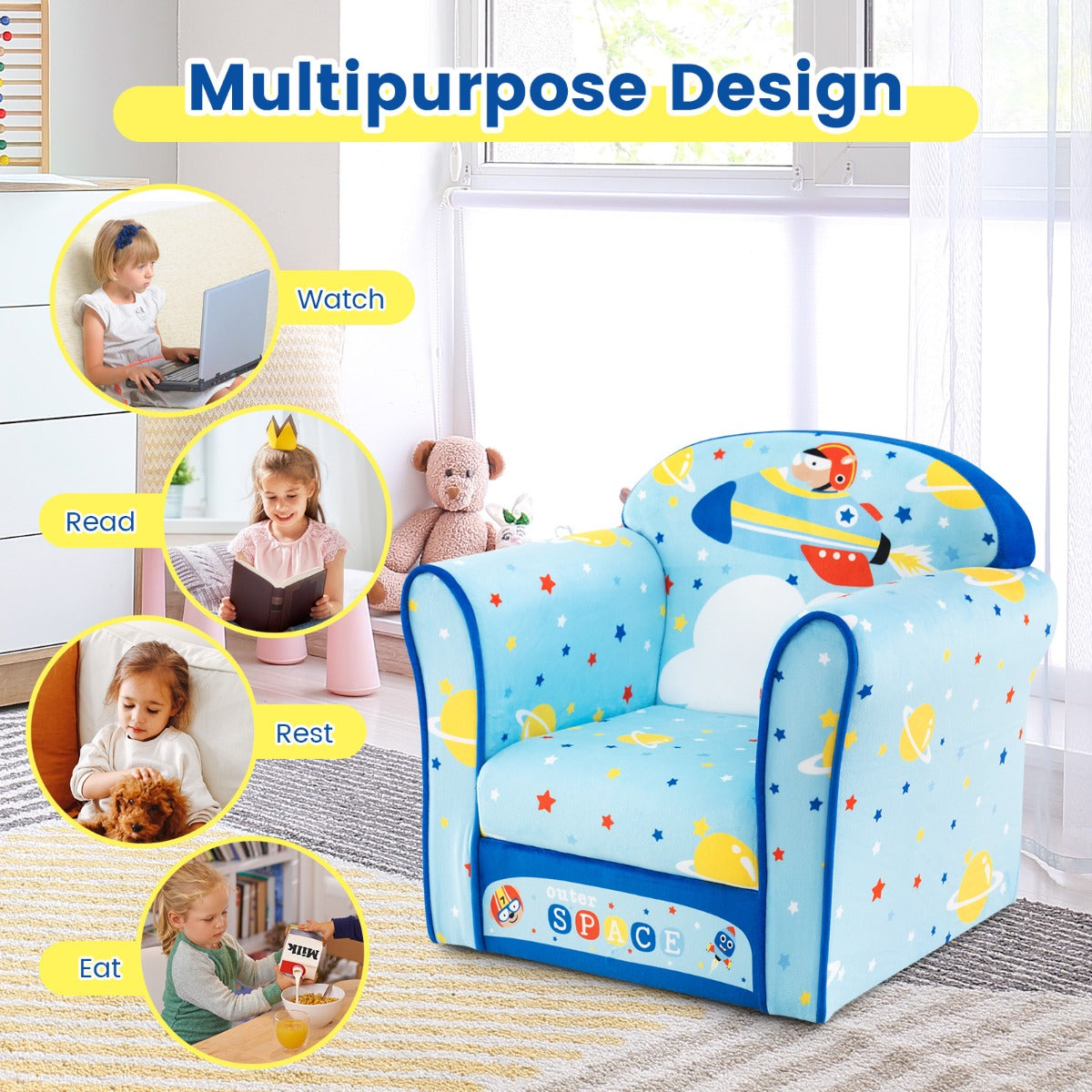 LIVSK Kinderstoel - Fluwelen Zacht Ruimtetema - Ergonomische Rugleuning - Belastbaar tot 50 kg - Lichtgewicht - Blauw
