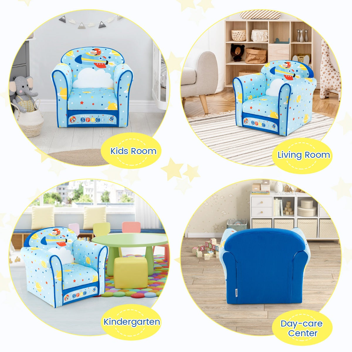 LIVSK Kinderstoel - Fluwelen Zacht Ruimtetema - Ergonomische Rugleuning - Belastbaar tot 50 kg - Lichtgewicht - Blauw