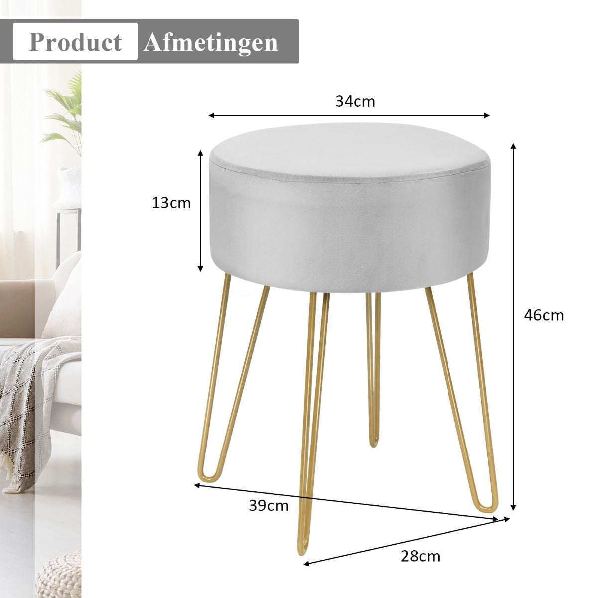 LIVSK Fluwelen Voetenbank met Voetsteun - Belastbaar tot 100 kg - Modern en Comfortabel - Voor Woonkamer en Slaapkamer - Grijs