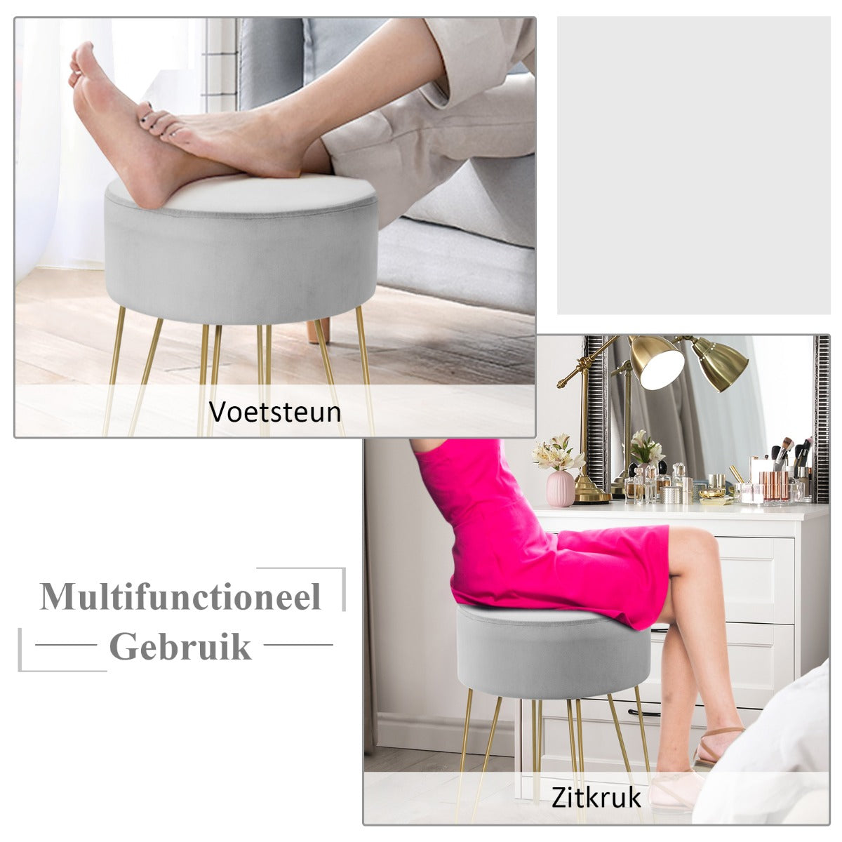 LIVSK Fluwelen Voetenbank met Voetsteun - Belastbaar tot 100 kg - Modern en Comfortabel - Voor Woonkamer en Slaapkamer - Grijs